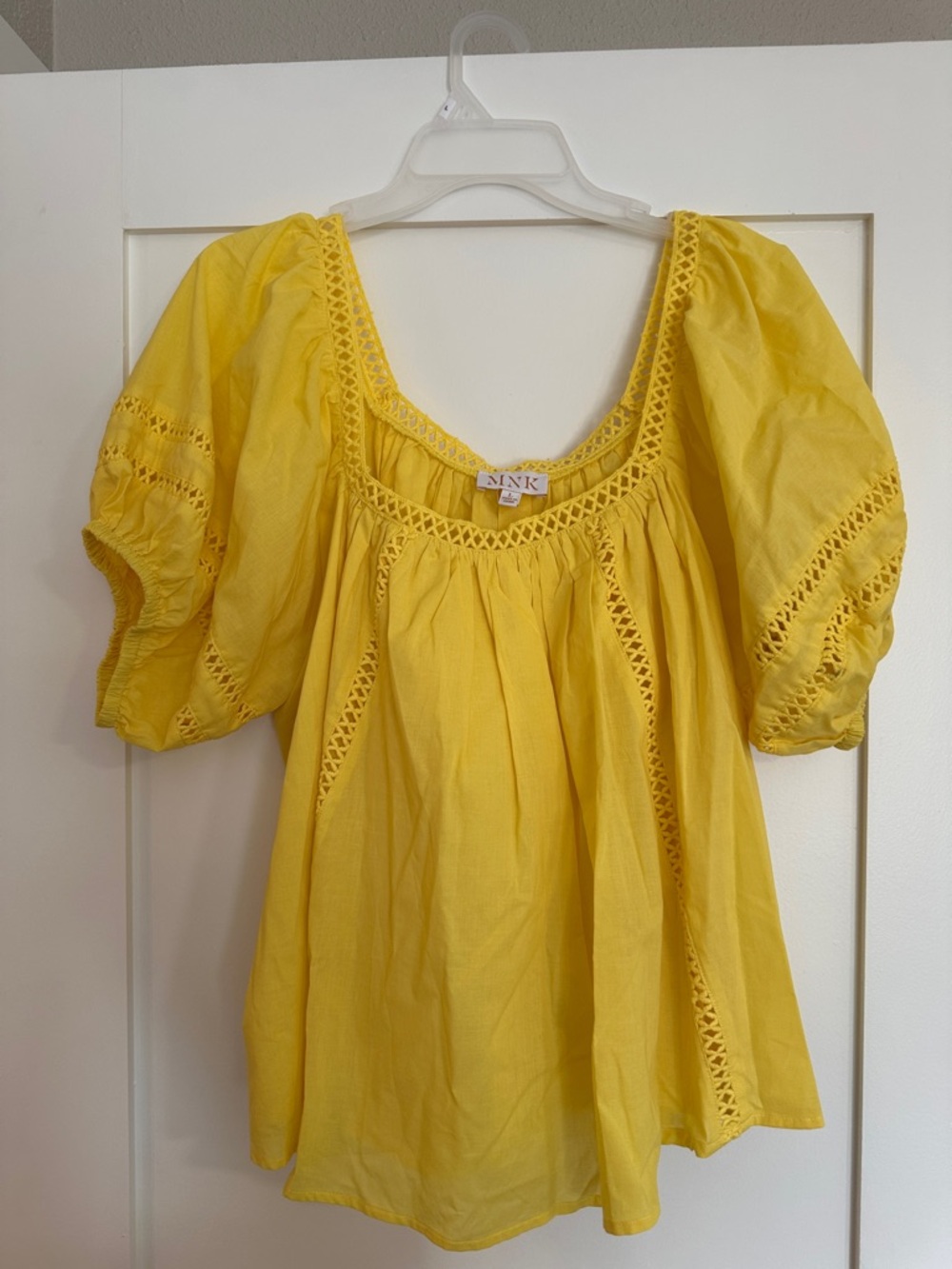 Mink Yellow Crochet-Trim Puff Sleeve Tunic Top
